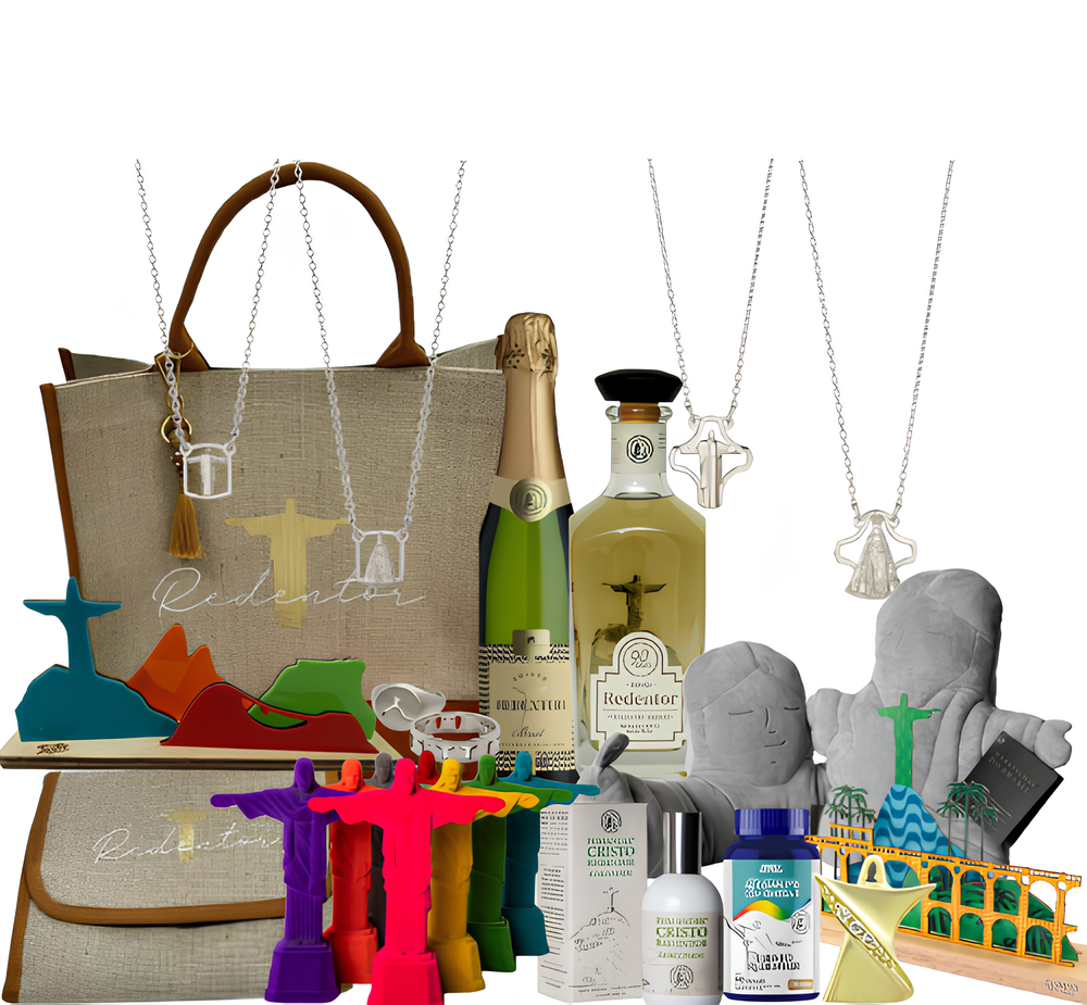Sele&ccedil;&atilde;o de produtos do Cristo Redentor, com joias, artesanato, presentes e objetos para a casa